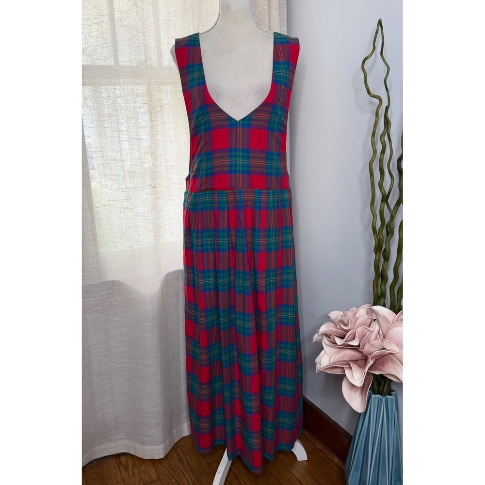 Vintage Susan Bristol Maxi Pinafore Dress Plaid V Neck Red Green Blue Cotton 12